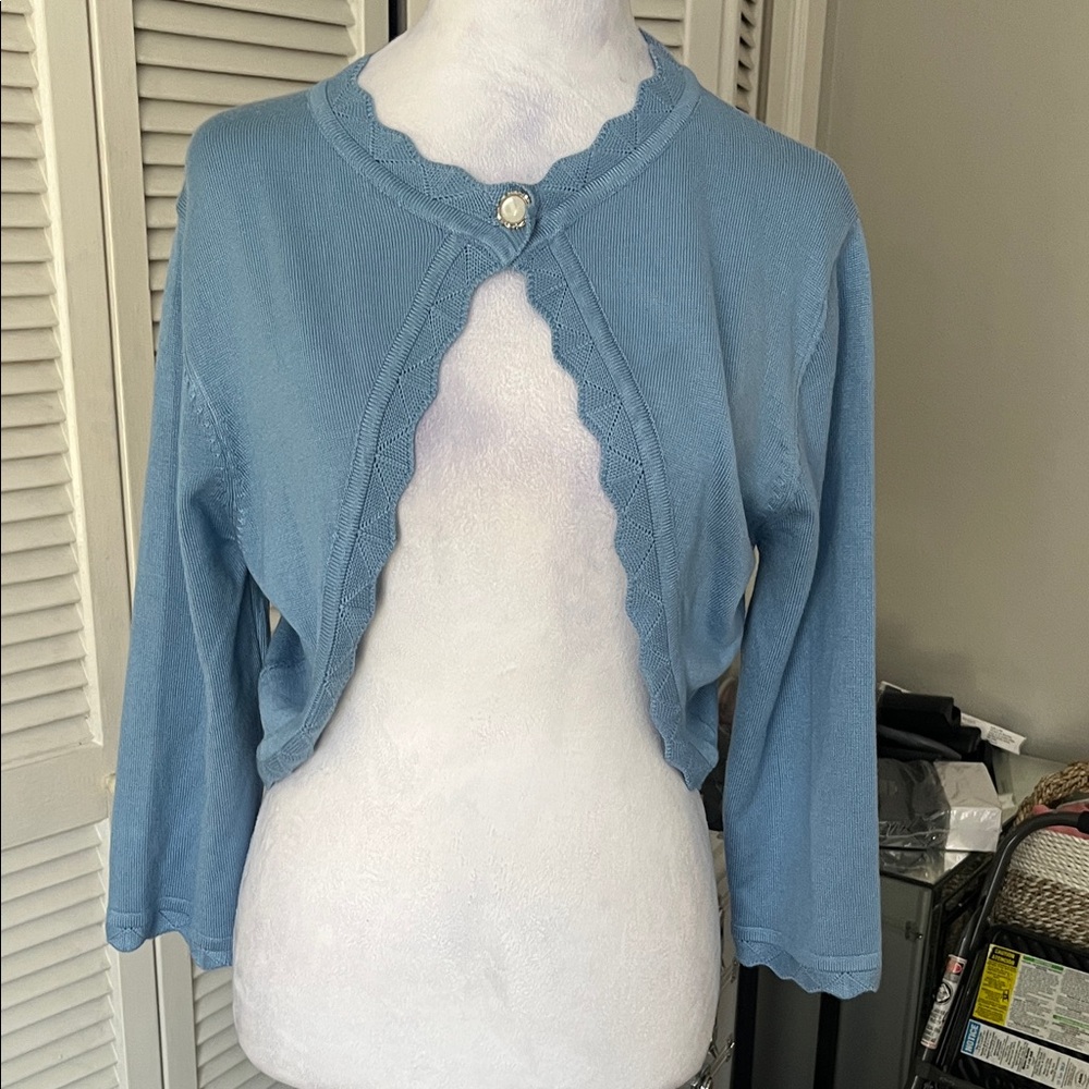 Grace Karin Blue Cropped Scalloped Cardigan size L